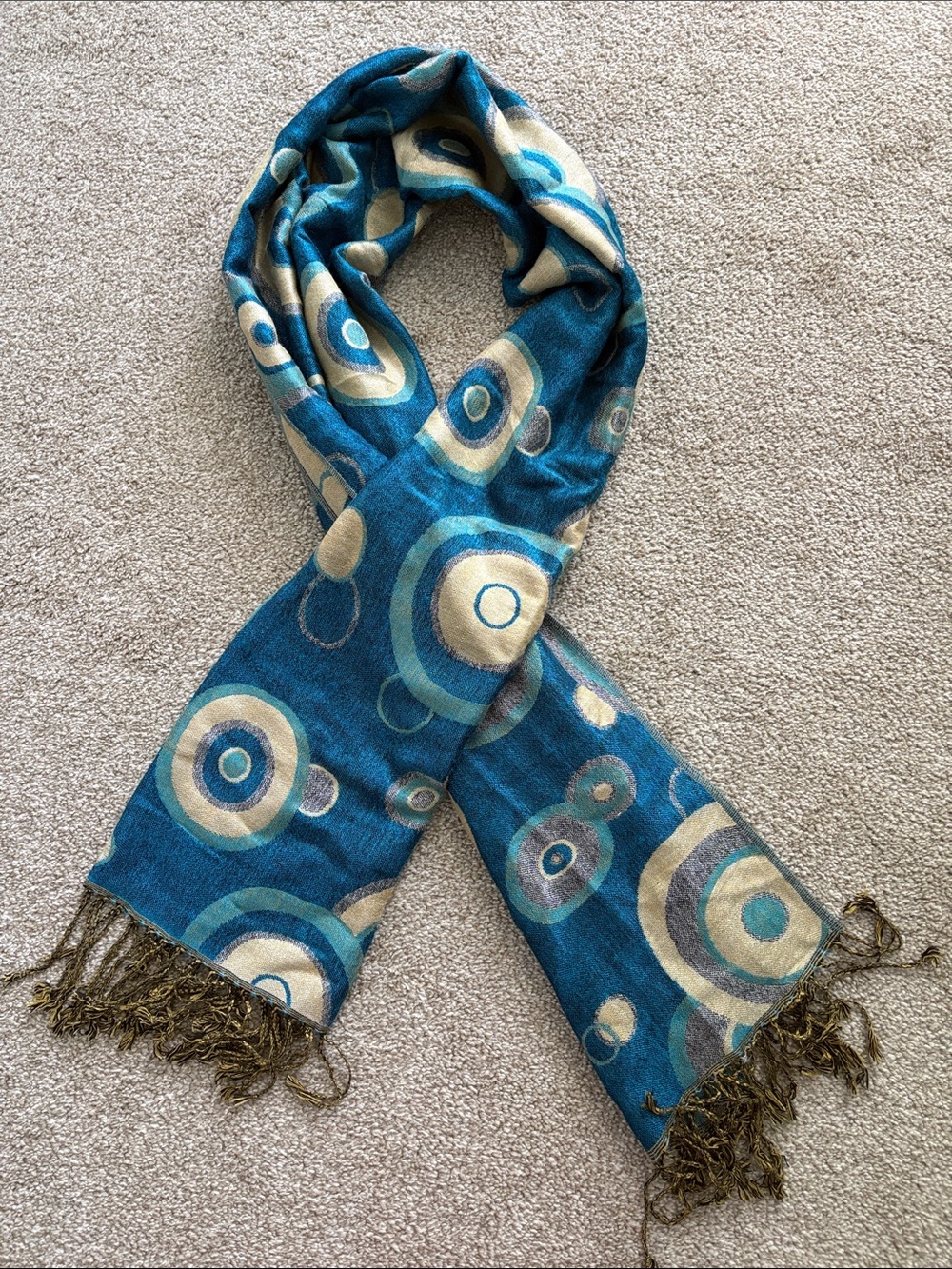 Pashmina Silk Teal, Beige & Gray Circular Pattern Fashion Fringed Scarf